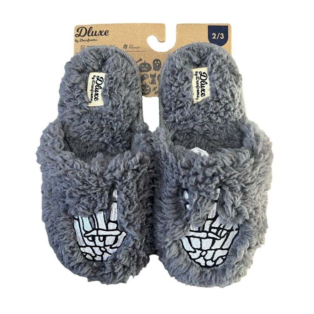 DLUXE by dearfoams Kids Halloween Skeleton Peace Sign Slide Slippers Gray